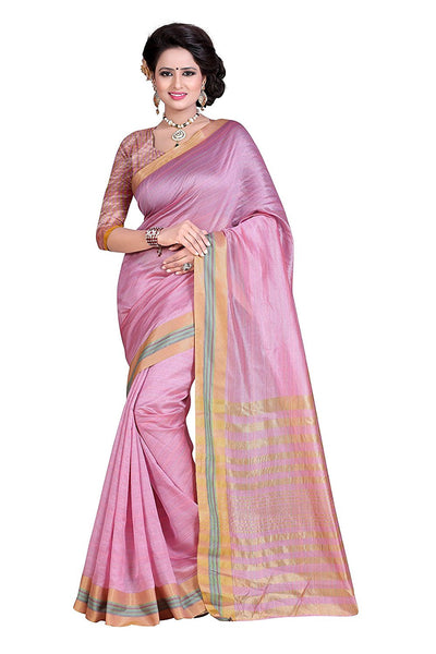 Pink Color Designer Cotton Silk Sari Design With Golden Stripes S007