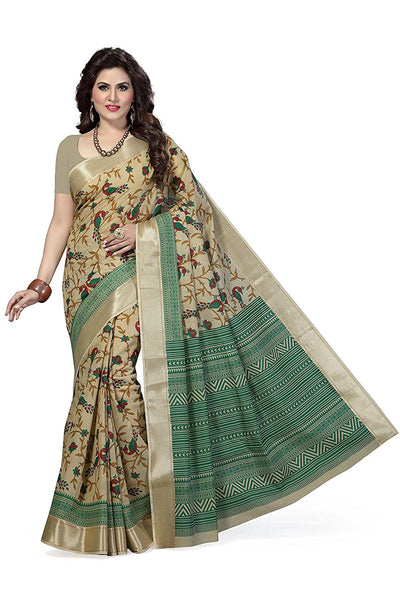 Poly Cotton Sarees Design With Peacock Print & Golden Lace Border Work S070