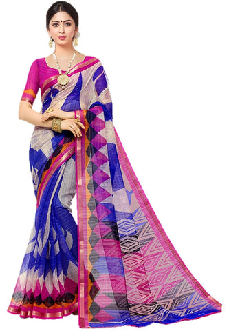 Printed Chanderi Saree With Zari Border Blouse Piece For Women