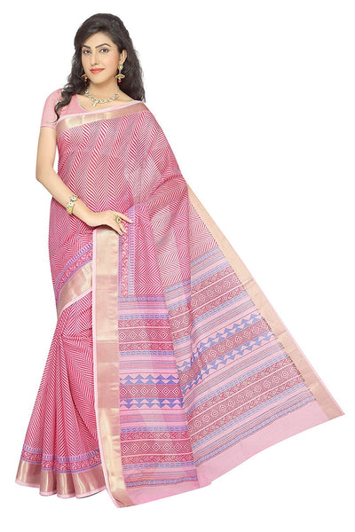 Pink Poly Cotton Sarees With Golden Lace Border & Printed Work S006