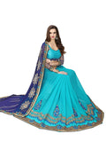 Latest Designer Blue Sari Collection in Faux Georgette Material with Embroidery Work Half and Half Sari With Blouse