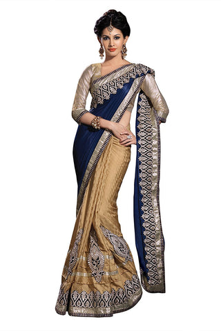 Designer Partywear Blue & Beige Bridal /Wedding Embelished Saree Wear Embroidery Work Half and Half Sari With Blouse