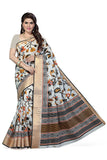 White Color Poly Cotton Sarees With Floral Print & Golden Border S069