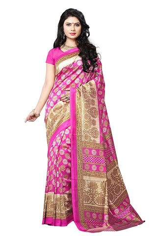 Fancy Art Silk Sarees Pink Color Lotus Print Bhagalpuri Sarees S030