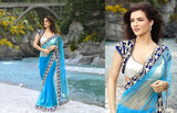 Sky Blue Net Saree With Embroidered Lace Border Work