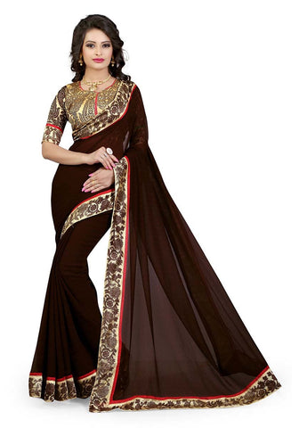 Fancy Chiffon Saree Brown Color Partywear Saree With Floral Border Work