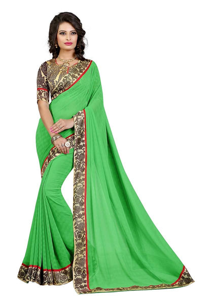 Green Color Fancy Chiffon Saree With Floral Print Border Work