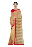 Beige Color Chiffon Sarees With Ethnic Print And Lace Border Work