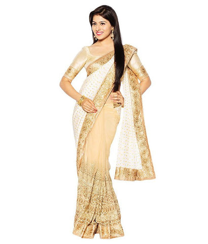 Designer Net Sarees Beige & White Color Heavy Embroidery, Stone & Lace Border Work Net Saree For Women