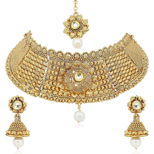 Gold Plated Choker Necklace With Drop Earring & Mangtika For Women/Girls
