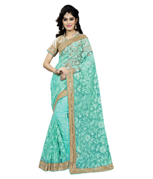 Turquoise Color Net Saree Designed With Floral Embroidery & Golden Lace Work
