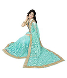 Turquoise Color Net Saree Designed With Floral Embroidery & Golden Lace Work