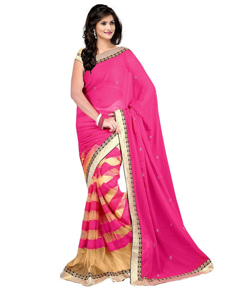 Pink Color Net Saree Lace Border & Booties Work Designer Net Sarees