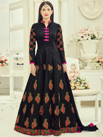Anarkali Suit with Dupatta - Black Semi Stitched Embroidered Suit