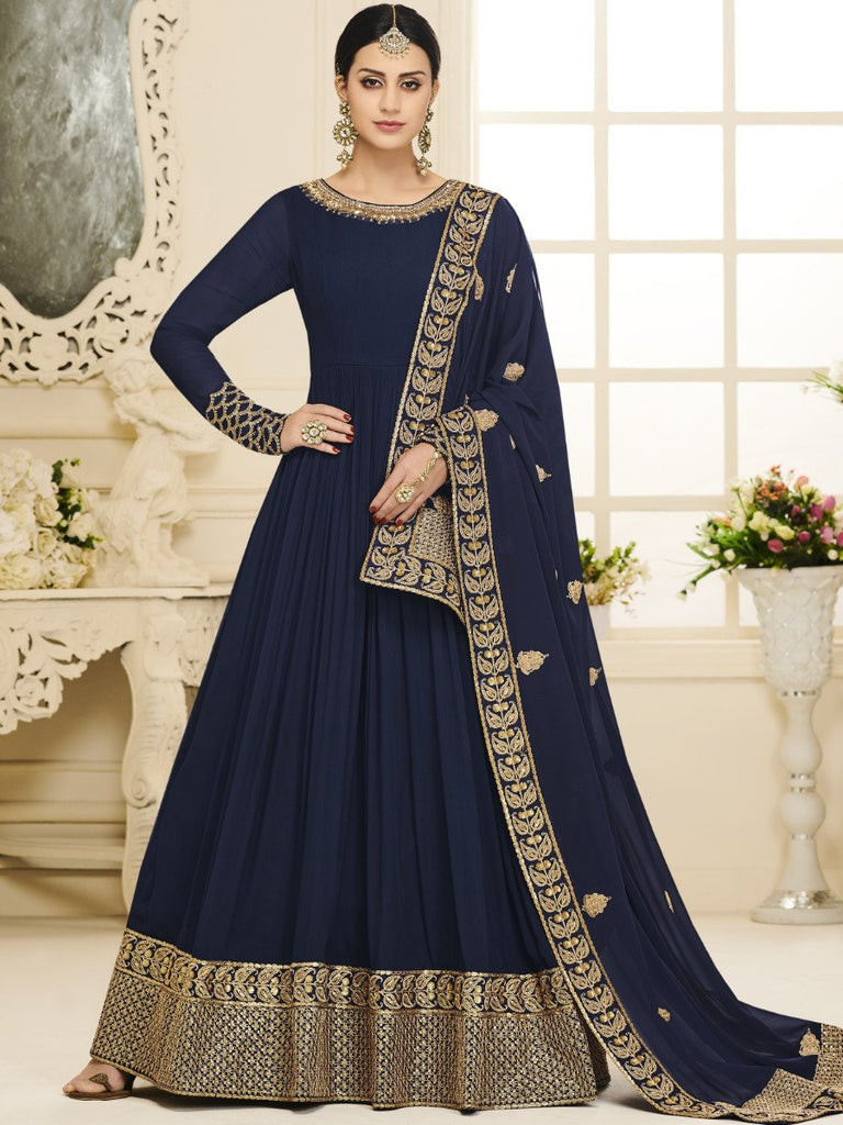 Embroidered Semi Stitched Navy Blue Anarkali Suit Dry Clean
