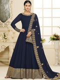 Anarkali Suit with Dupatta - Navy Blue Semi Stitched Embroidered Suit