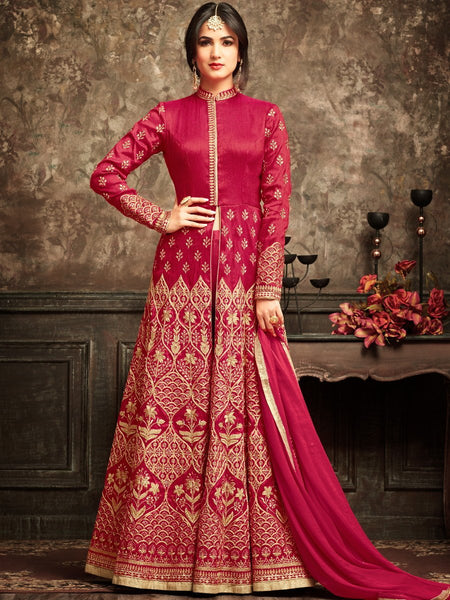 Anarkali Suit with Dupatta - Red Semi Stitched Embroidered Suit ...