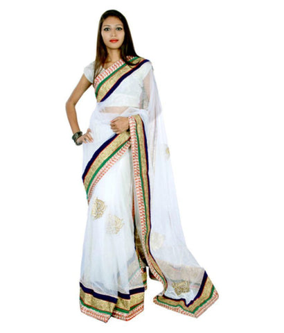 White Color Net Saree Patch & Lace Border Work Designer Net Sarees
