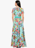 Multicolored Floral Printed Maxi Dress Flare Dresses V-Neck Short Sleeves Dress
