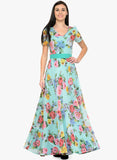 Multicolored Floral Printed Maxi Dress Flare Dresses V-Neck Short Sleeves Dress
