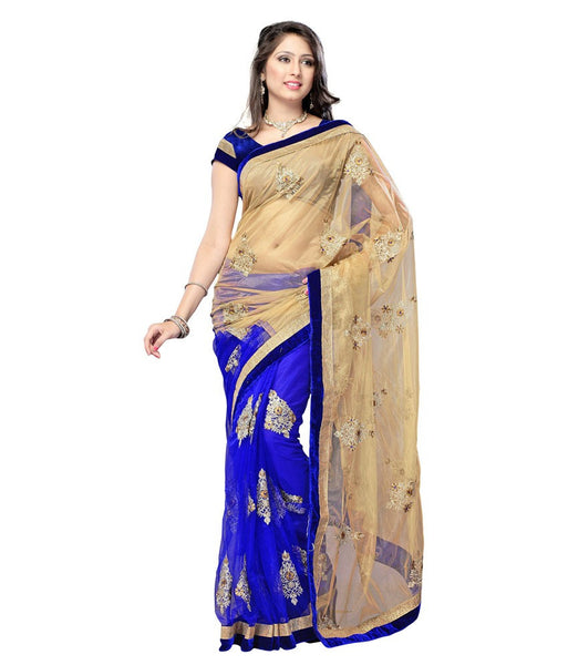 Blue & Golden Net Saree With Embroidery & Patch Work Designer Net Sarees