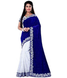 Blue & White Velvet Saree With Stone And Embroidered Work Net Saree