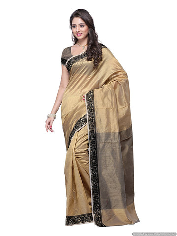 Beige Color Cotton Silk Saree With Black Printed Lace Border And Striped Work