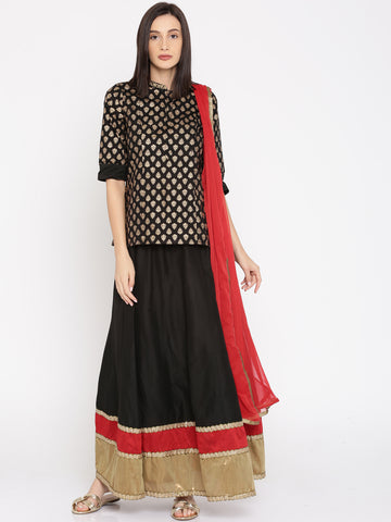 Designer Black Printed Long Kurta Skirt Dupatta Set For Women