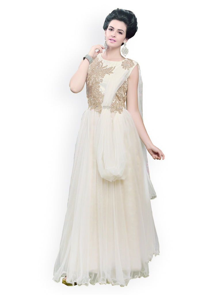 Shop Now White New Gown Dress Net Gowns With Golden Embroidery ...