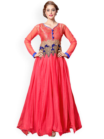 Designer Evening Gowns Pink Embroidered Semi-Stitched Gown