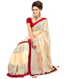 Designer Net Sarees Beige Color With Silver Embroidery & Lace Work Designer Net Saree For Women