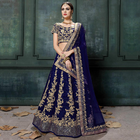 Bridal Lehenga Online Blue Colored Wedding Wear Embroidered Raw Silk Lehenga