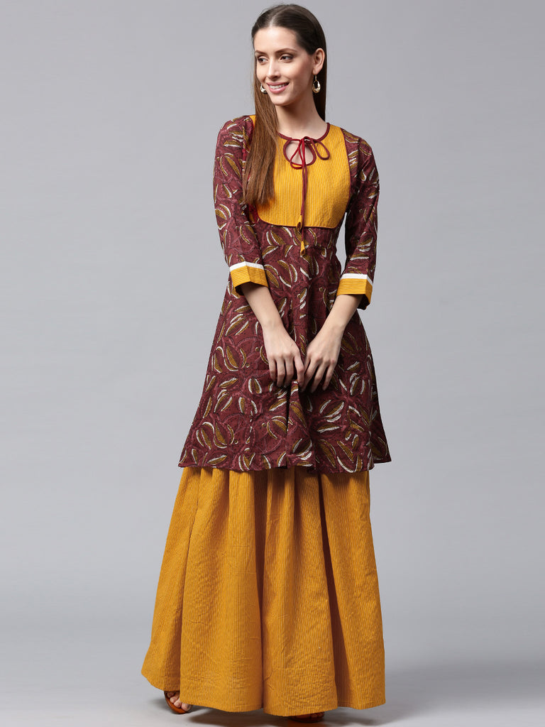 Burgundy Mustard Yellow Printed Kurta Skirt Set for
