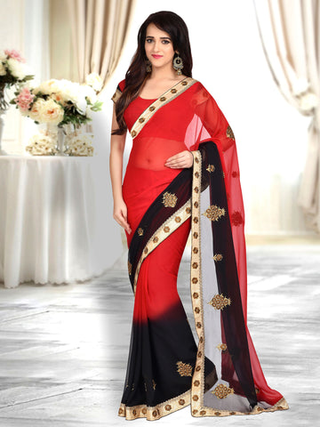 Designer Sarees  Red & Black Georgette Half & Half Style Sari Party Wear Saree