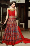 Long Party Gowns Red Colored Silk With Printed, Diamond Work Semi-Stitched Party Gowns