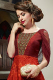 Long Party Gowns Rust & Maroon Color Semi-Stitched Silk & Net Embroidery, Sequence Work Party Gowns