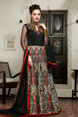 Evening Wear Gowns Black Colored Silk Embroidery & Moti, Sequence Work Semi-Stitched Designer Gowns