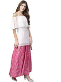 Crop Top With Long Skirt Set - Off Shoulder Blouse with Pink Brocade Like Skirt