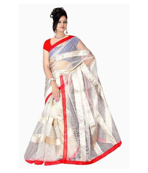 Off-White Color Net Saree Designed With Golden Stripes & Red Lace Border Work