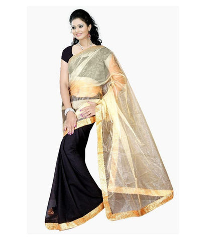 Black & Golden Color Net Saree Plain Designer Net Sarees For Women