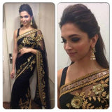 partywear-black-bollywood-sarees-with-golden-floral-embroidery-work-deepika-padukone's-designer-bollywood-sarees