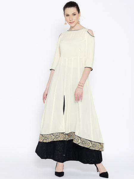 Designer Off-White & Black Solid Long Kurta with Skirt – Lady India
