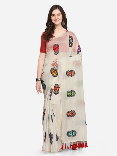 Designer Saree Off-White Polycotton Embroidered Chanderi Saree
