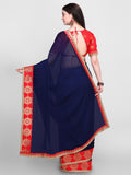 Designer Sarees - Navy Blue & Red Pure Chiffon Solid Saree