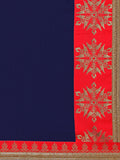 Designer Sarees - Navy Blue & Red Pure Chiffon Solid Saree