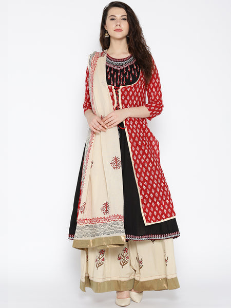 Designer Black & Beige Embroidered Two In One Palazzo Kameez Dupatta Online
