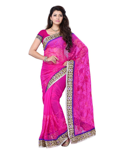 Designer Net Sarees Dark Pink Color With Resham Work & Broad Lace Border Work Net Saree For Women