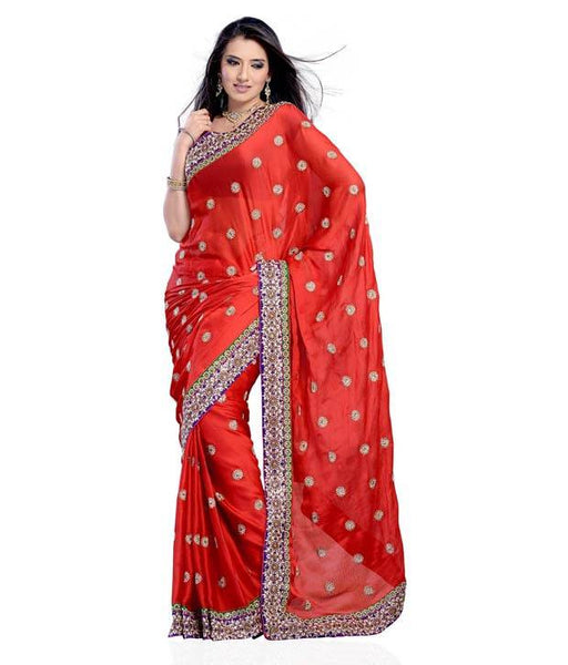 Designer Fashion Red Faux Georgette Heavy Saree Embroidered Wedding Saree
