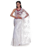White Color Net Saree Designed With Floral Embroidery & Border Work