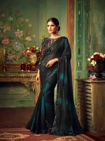 Exclusive Black Color Heavy Embroidered Lace Work Designer Georgette Sarees